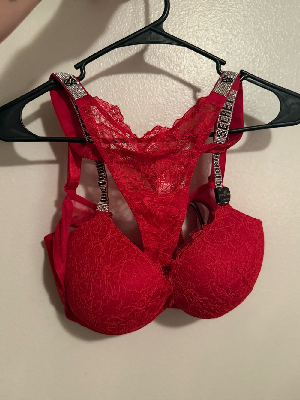 Victorias Secret Red Lace Push-Up Bra and Thing Set with Rhinestone Straps